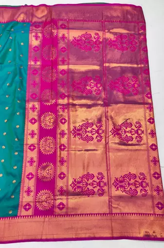 Rama zari woven paithani silk blend saree with blouse piece