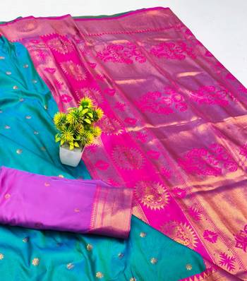 Rama zari woven paithani silk blend saree with blouse piece 3