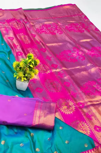 Rama zari woven paithani silk blend saree with blouse piece