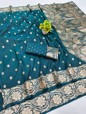 Firozi zari woven silk blend saree with blouse piece 1