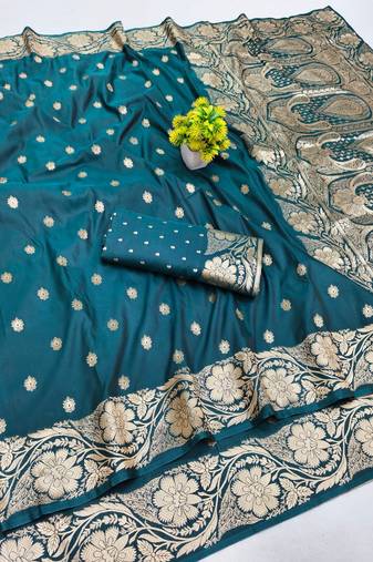 Firozi zari woven banarasi silk blend saree with blouse piece