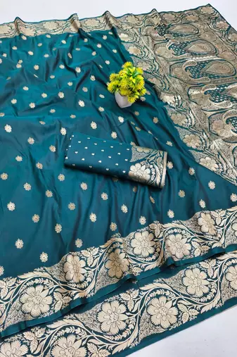 Firozi zari woven banarasi silk blend saree with blouse piece