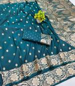 Firozi zari woven banarasi silk blend saree with blouse piece