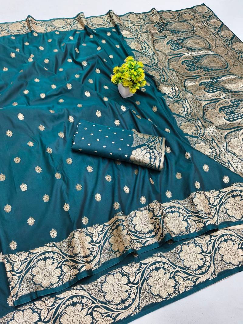 Firozi zari woven banarasi silk blend saree with blouse piece