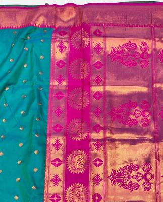 Rama zari woven paithani silk blend saree with blouse piece 5