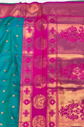 Rama zari woven paithani silk blend saree with blouse piece