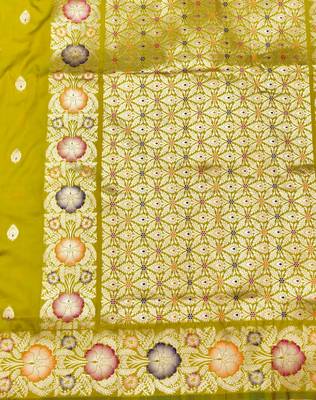 Lime zari woven silk blend saree with blouse piece 5