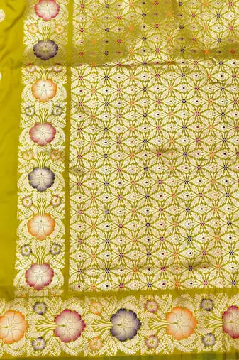 Lime zari woven silk blend saree with blouse piece