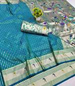 Rama zari woven paithani silk blend saree with blouse piece