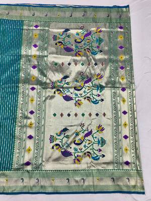 Rama zari woven paithani silk blend saree with blouse piece 2