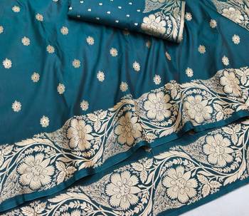 Firozi zari woven silk blend saree with blouse piece 3