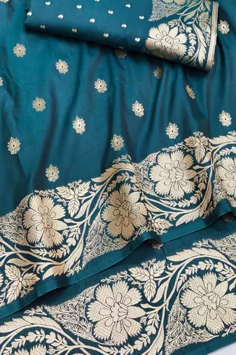 Firozi zari woven silk blend saree with blouse piece