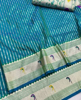 Rama zari woven paithani silk blend saree with blouse piece 3