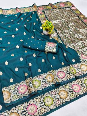Firozi zari woven silk blend saree with blouse piece 1