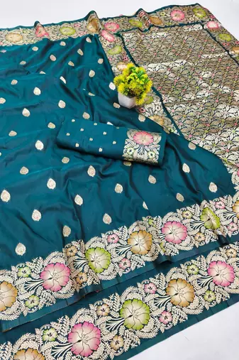 Firozi zari woven banarasi silk blend saree with blouse piece
