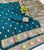 Firozi zari woven banarasi silk blend saree with blouse piece