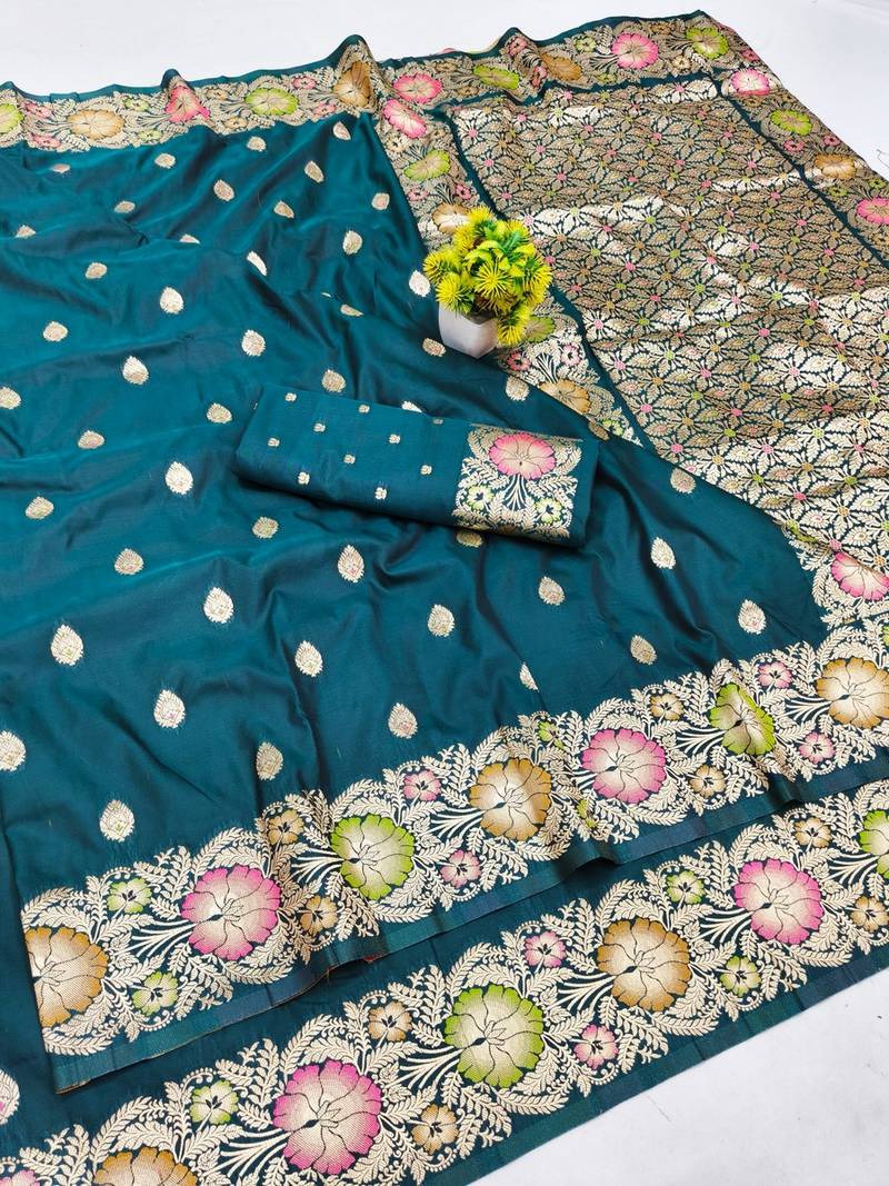 Firozi zari woven banarasi silk blend saree with blouse piece