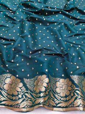 Firozi zari woven silk blend saree with blouse piece 4