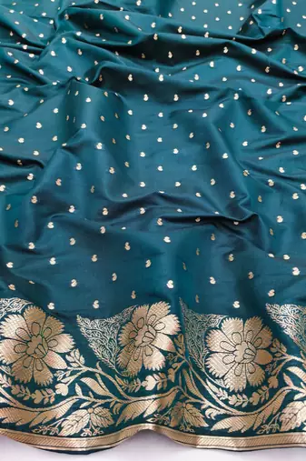 Firozi zari woven silk blend saree with blouse piece