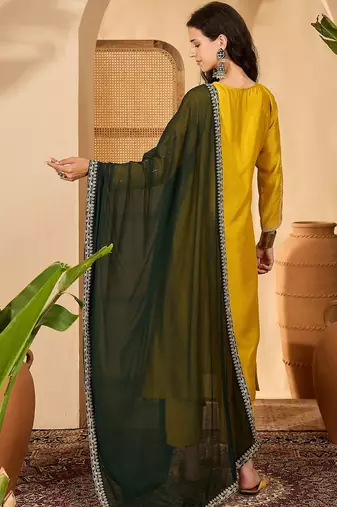 Mustard color beautiful vichitra silk embroidery elegant ceremonial suit