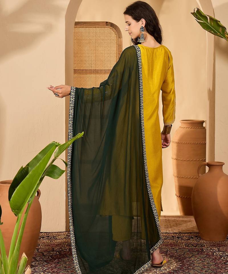 Mustard color beautiful vichitra silk embroidery elegant ceremonial suit