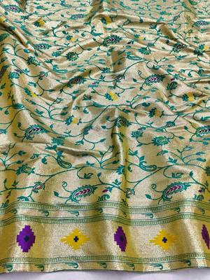 Rama zari woven paithani silk blend saree with blouse piece 4