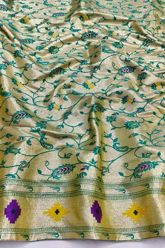 Rama zari woven paithani silk blend saree with blouse piece