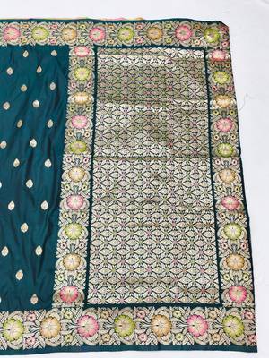 Firozi zari woven silk blend saree with blouse piece 2