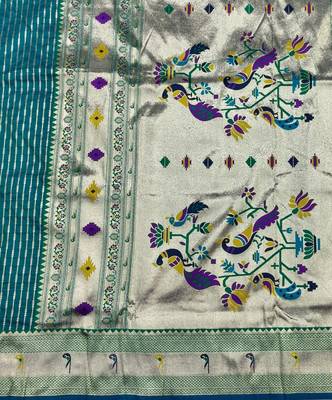 Rama zari woven paithani silk blend saree with blouse piece 5
