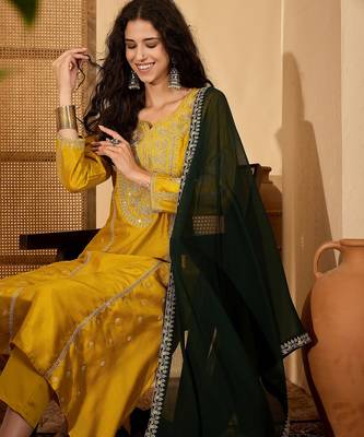 Mustard color beautiful vichitra silk embroidery elegant ceremonial suit 3