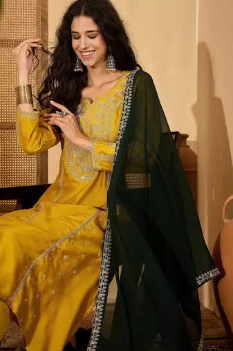 Mustard color beautiful vichitra silk embroidery elegant ceremonial suit