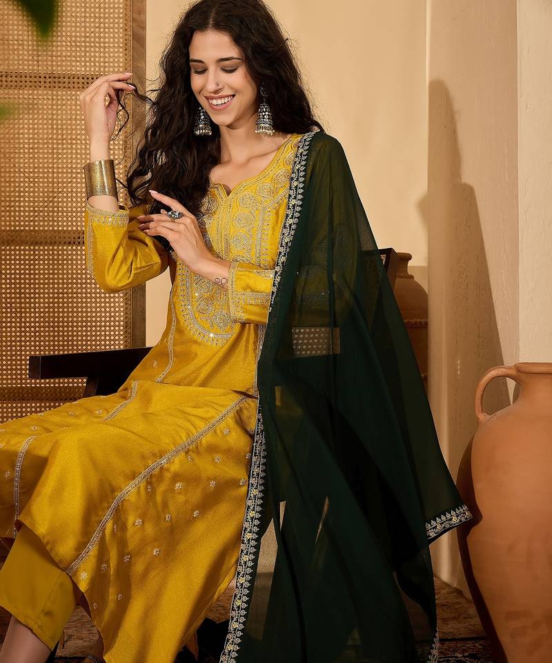 Mustard color beautiful vichitra silk embroidery elegant ceremonial suit
