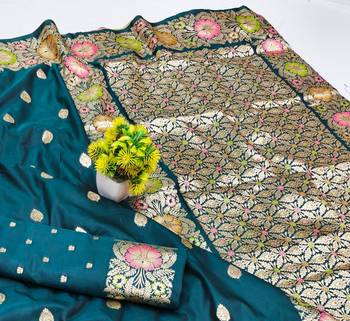 Firozi zari woven silk blend saree with blouse piece 3