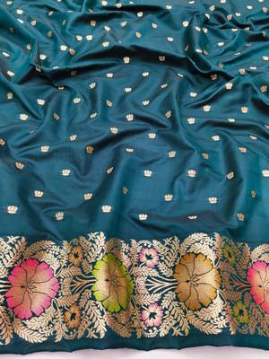 Firozi zari woven silk blend saree with blouse piece 4