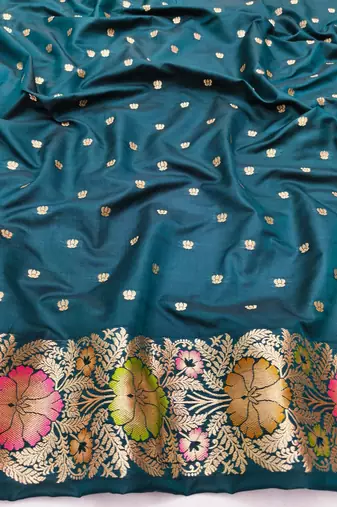 Firozi zari woven silk blend saree with blouse piece