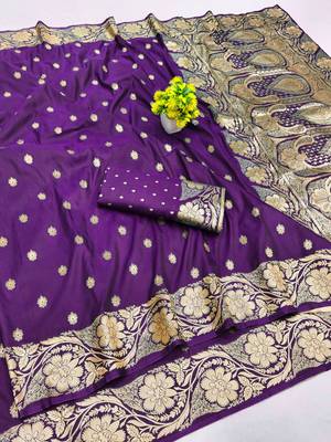 Purple zari woven silk blend saree with blouse piece 1