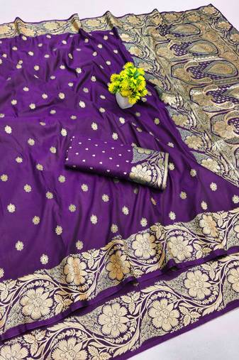 Purple zari woven banarasi silk blend saree with blouse piece