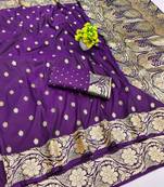 Purple zari woven banarasi silk blend saree with blouse piece