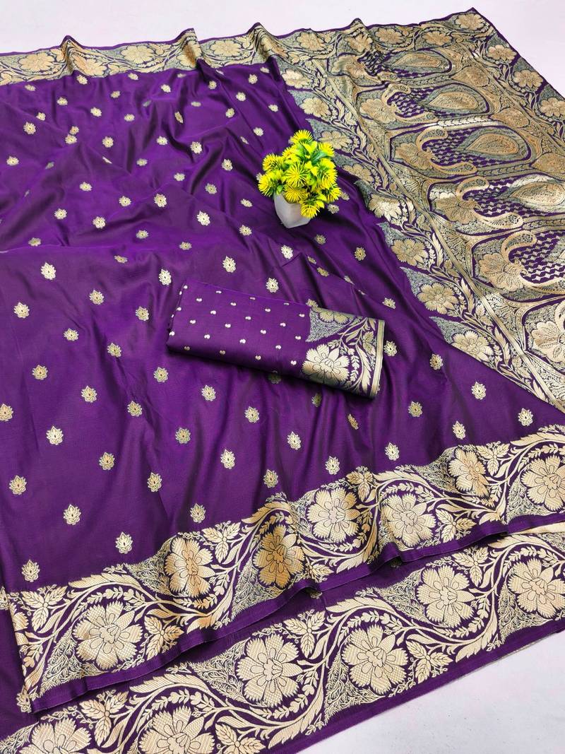Purple zari woven banarasi silk blend saree with blouse piece