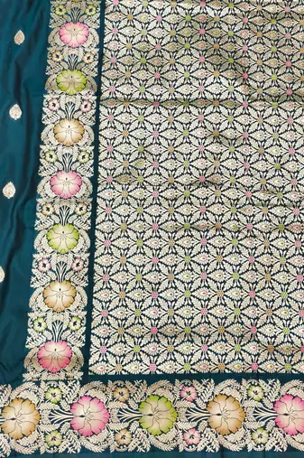 Firozi zari woven silk blend saree with blouse piece