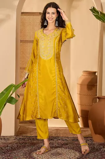 Mustard color beautiful vichitra silk embroidery elegant ceremonial suit