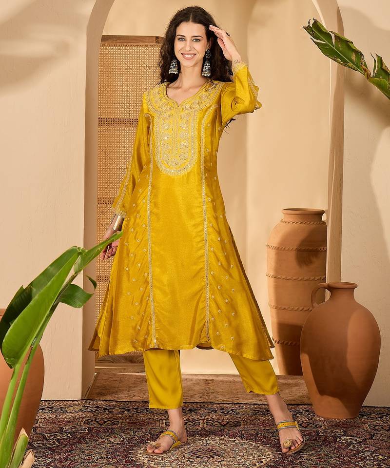 Mustard color beautiful vichitra silk embroidery elegant ceremonial suit