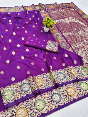 Purple zari woven silk blend saree with blouse piece 1