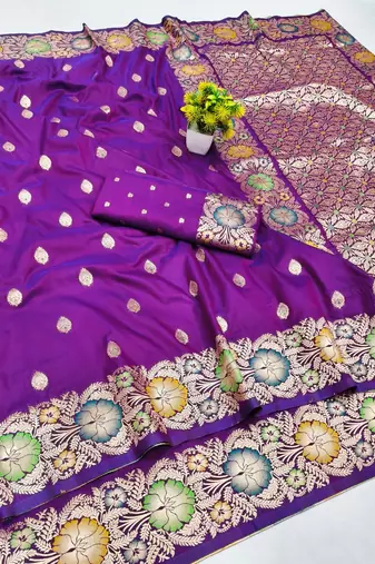 Purple zari woven banarasi silk blend saree with blouse piece