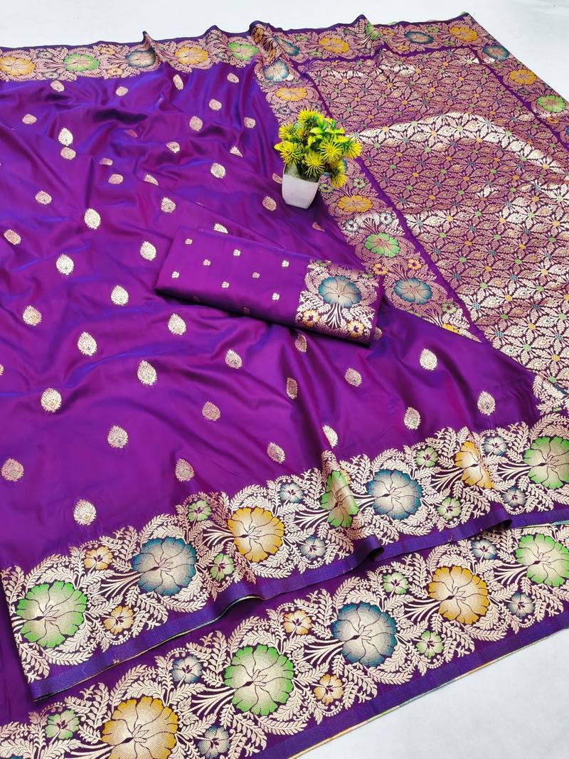 Purple zari woven banarasi silk blend saree with blouse piece