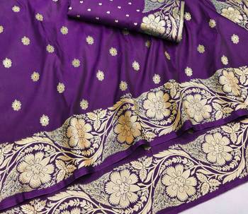 Purple zari woven silk blend saree with blouse piece 3