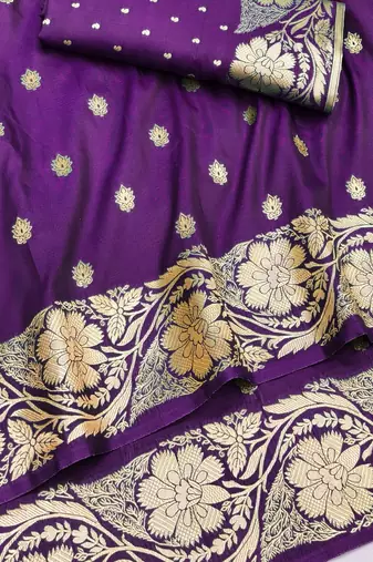 Purple zari woven silk blend saree with blouse piece