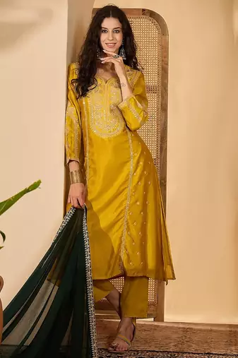 Mustard color beautiful vichitra silk embroidery elegant ceremonial suit
