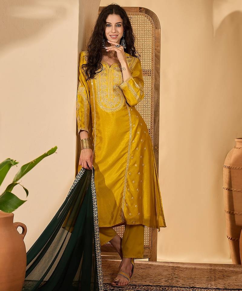 Mustard color beautiful vichitra silk embroidery elegant ceremonial suit