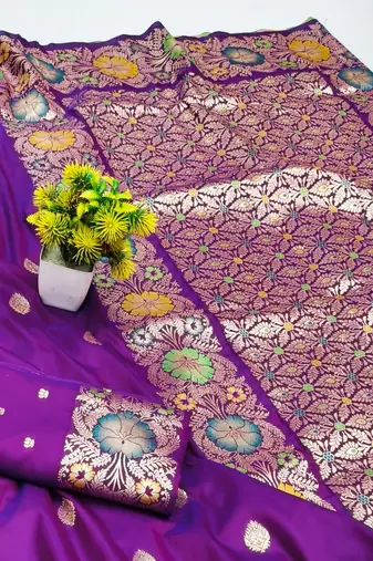 Purple zari woven silk blend saree with blouse piece